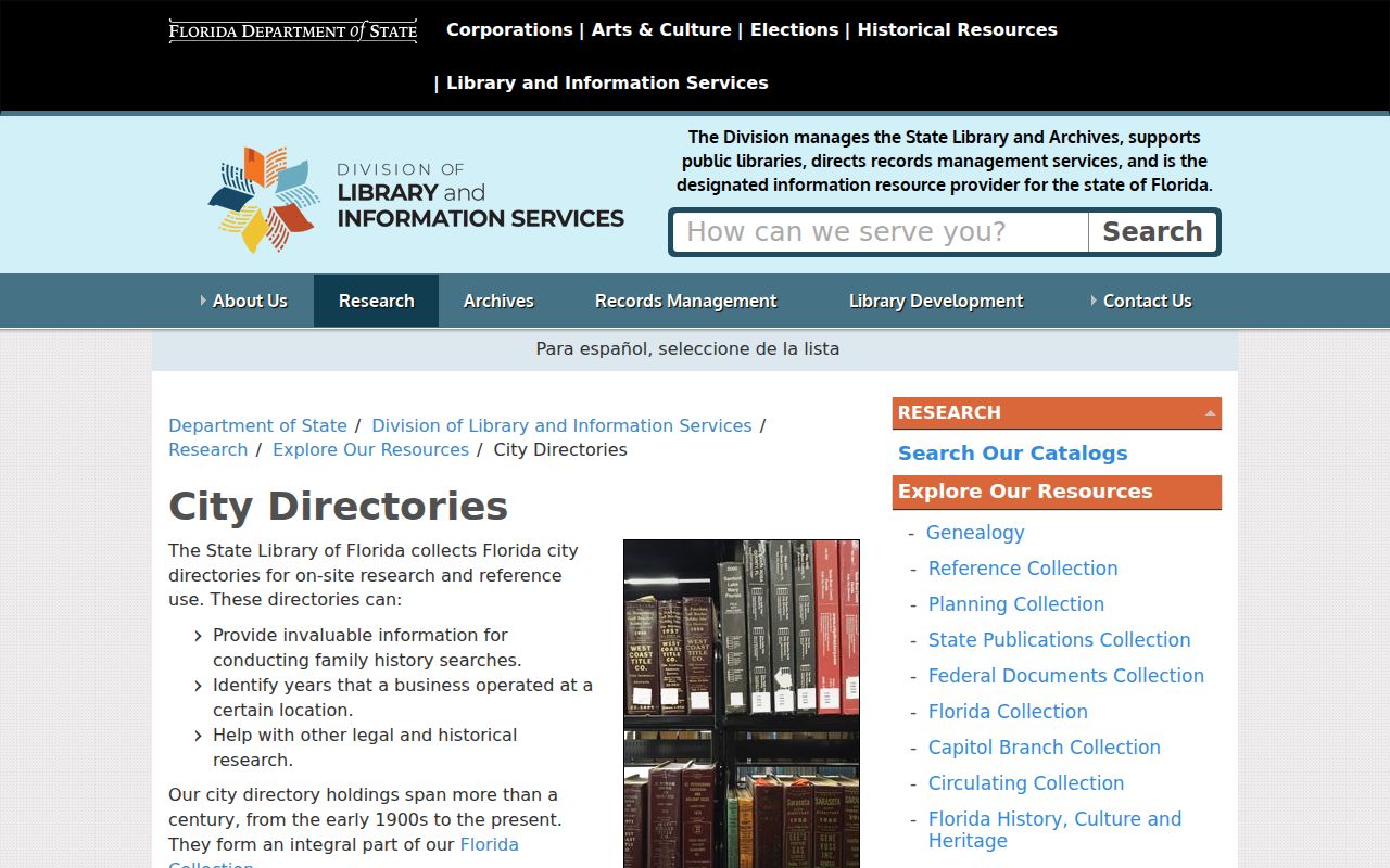 Florida State Library city directory collection page used for Tallahassee research