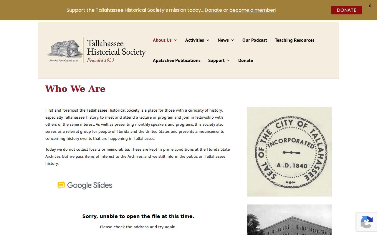 Tallahassee Historical Society page describing its local history role and State Archives referrals