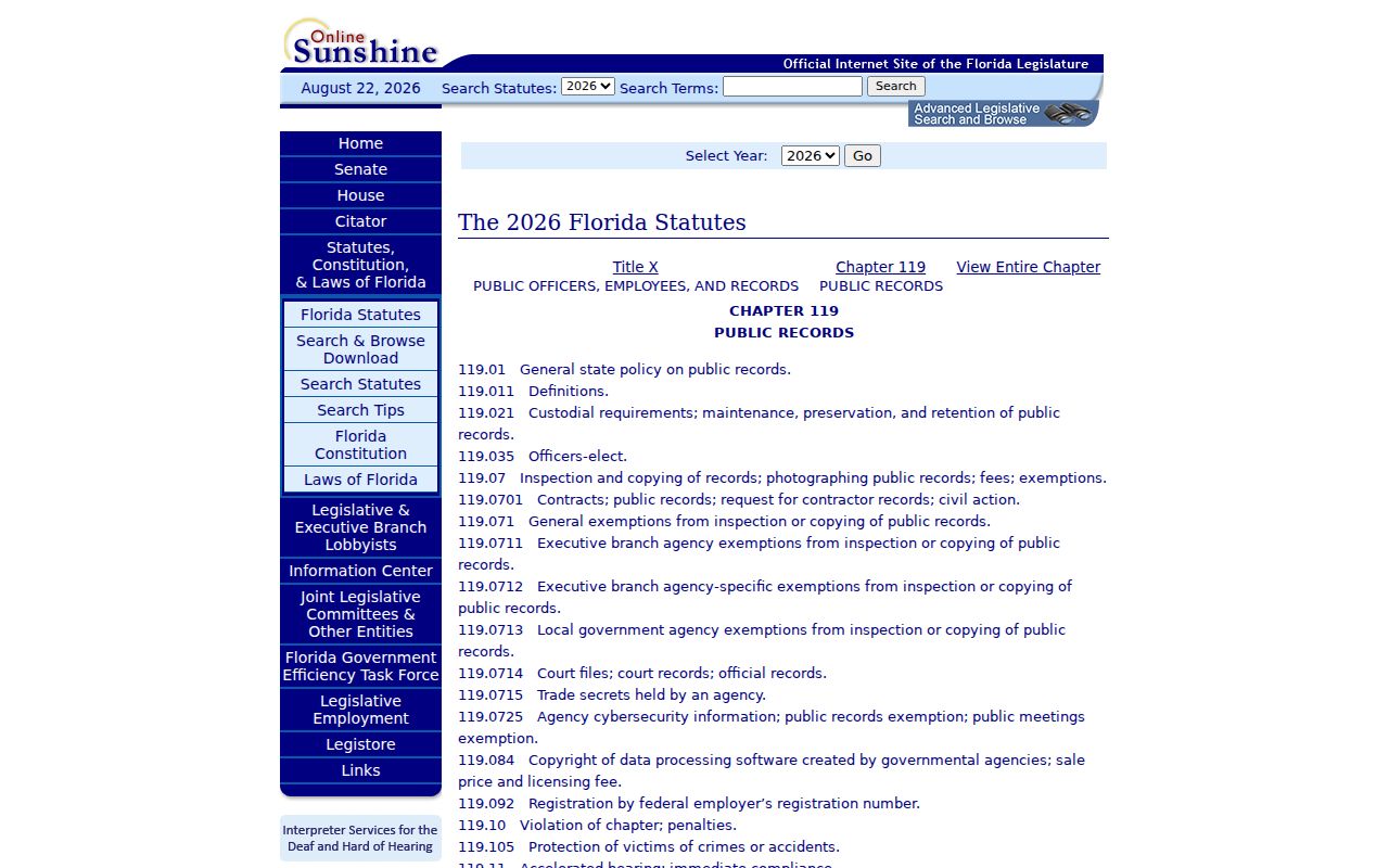 Tallahassee residents directory Florida Chapter 119 public records law