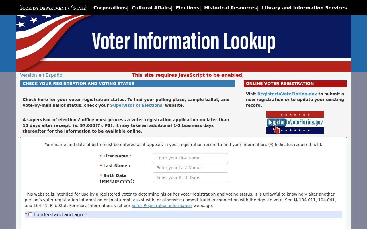 Tallahassee resident lookup on the Florida voter status form