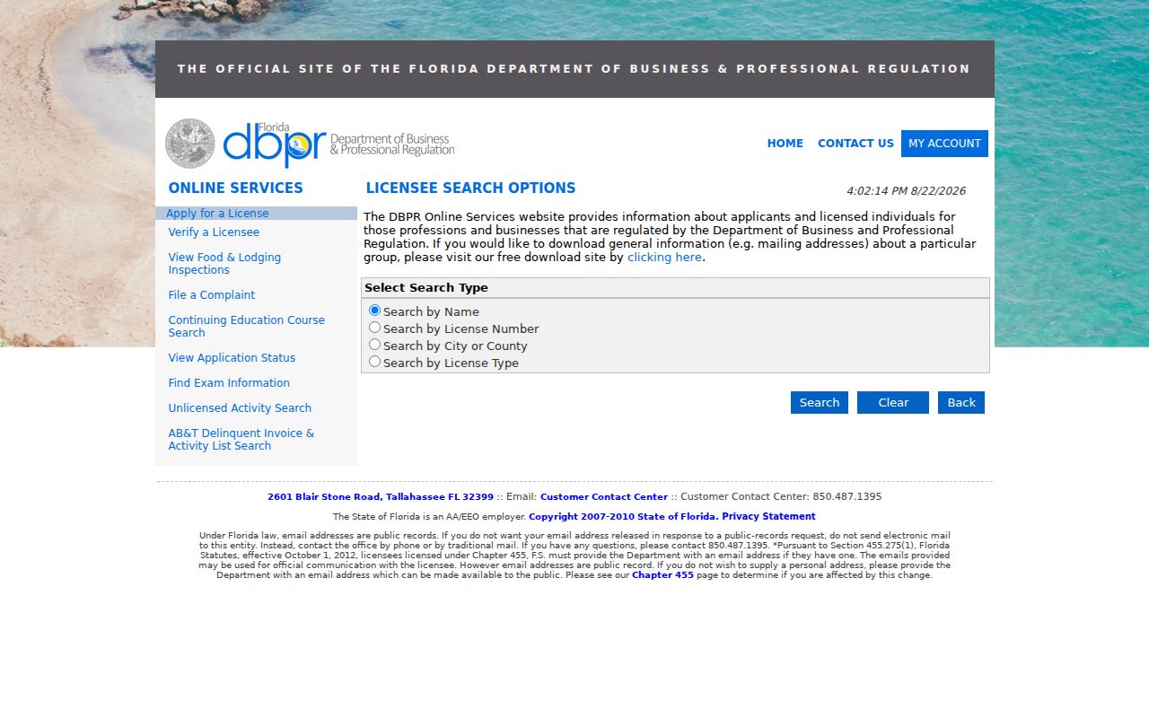 Tallahassee resident lookup through the Florida professional license search