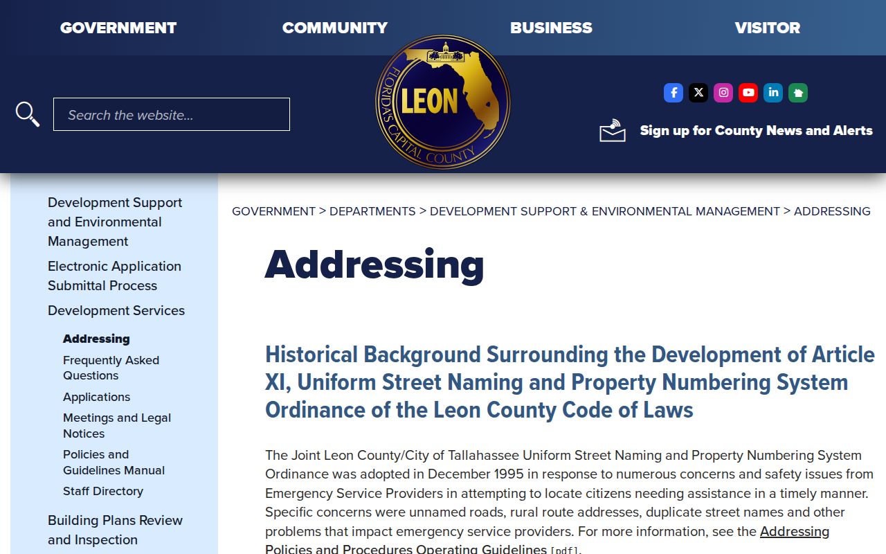 Leon County Addressing Unit information for Tallahassee street names and numbers