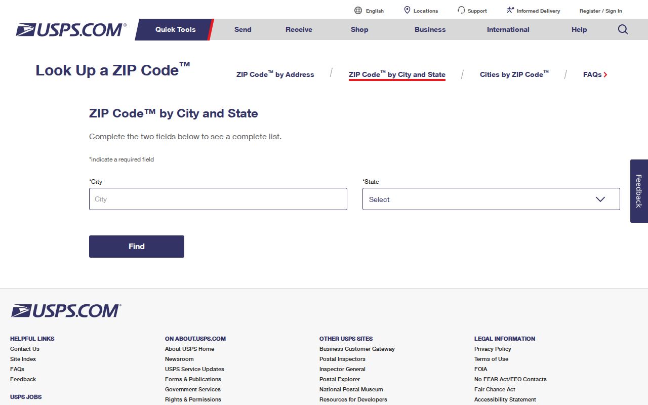 USPS ZIP Code Lookup form for confirming Tallahassee postal codes